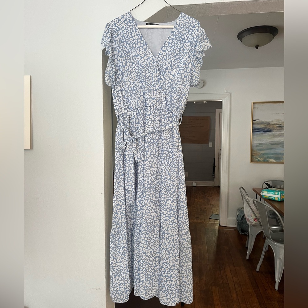 Blue and White Patterned Wrap Dress